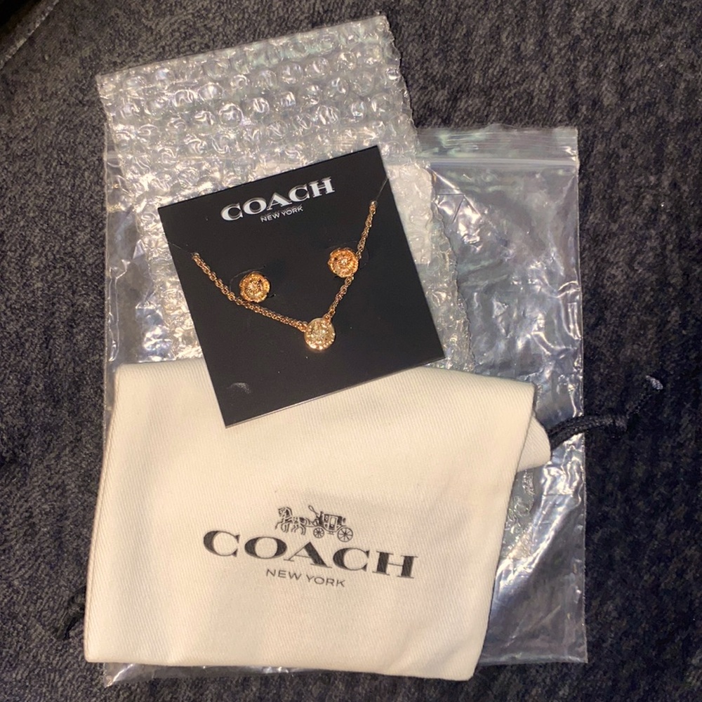 NWT ✨Gorgeous COACH Rose Gold Flower Earrings & Necklace Set✨